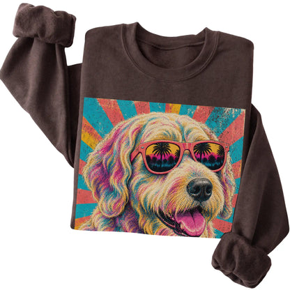 Folded Dark Chocolate crewneck sweatshirt with a Retro Labradoodle Mama design