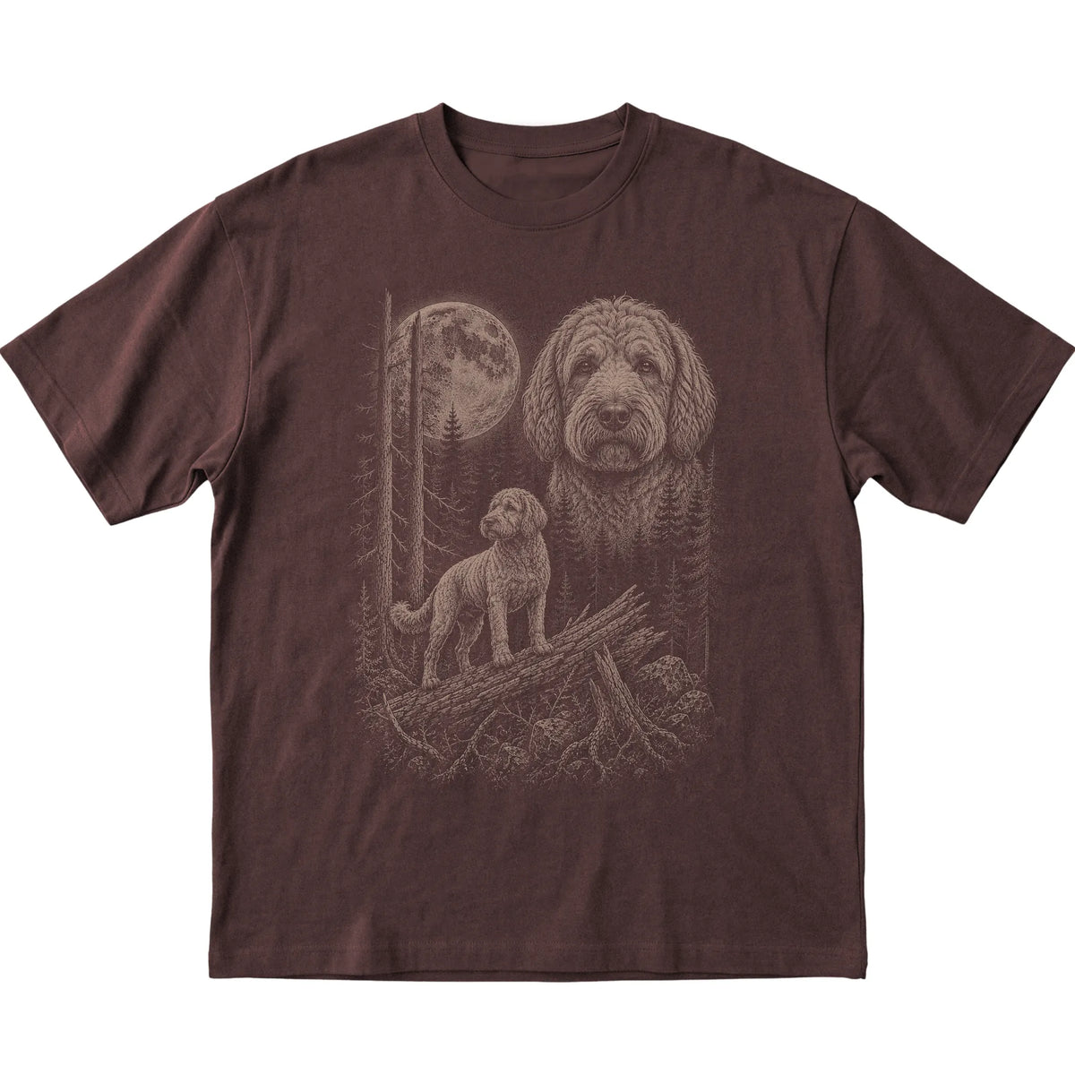 Labradoodle Moonlit Forest graphic on a dark chocolate Softstyle T-shirt laid flat