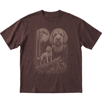 Labradoodle Moonlit Forest graphic on a dark chocolate Softstyle T-shirt laid flat