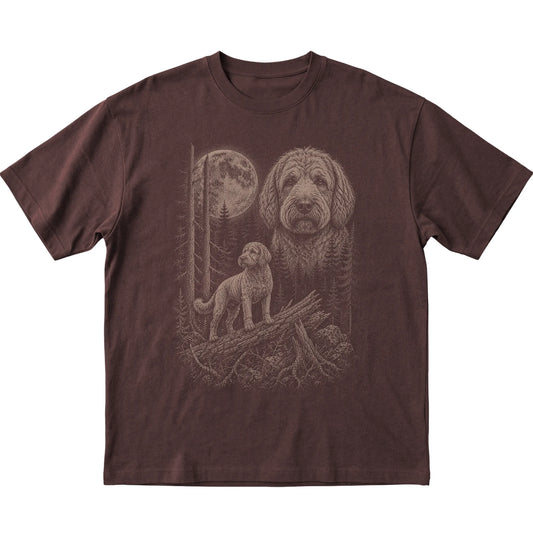 Labradoodle Moonlit Forest graphic on a dark chocolate Softstyle T-shirt laid flat
