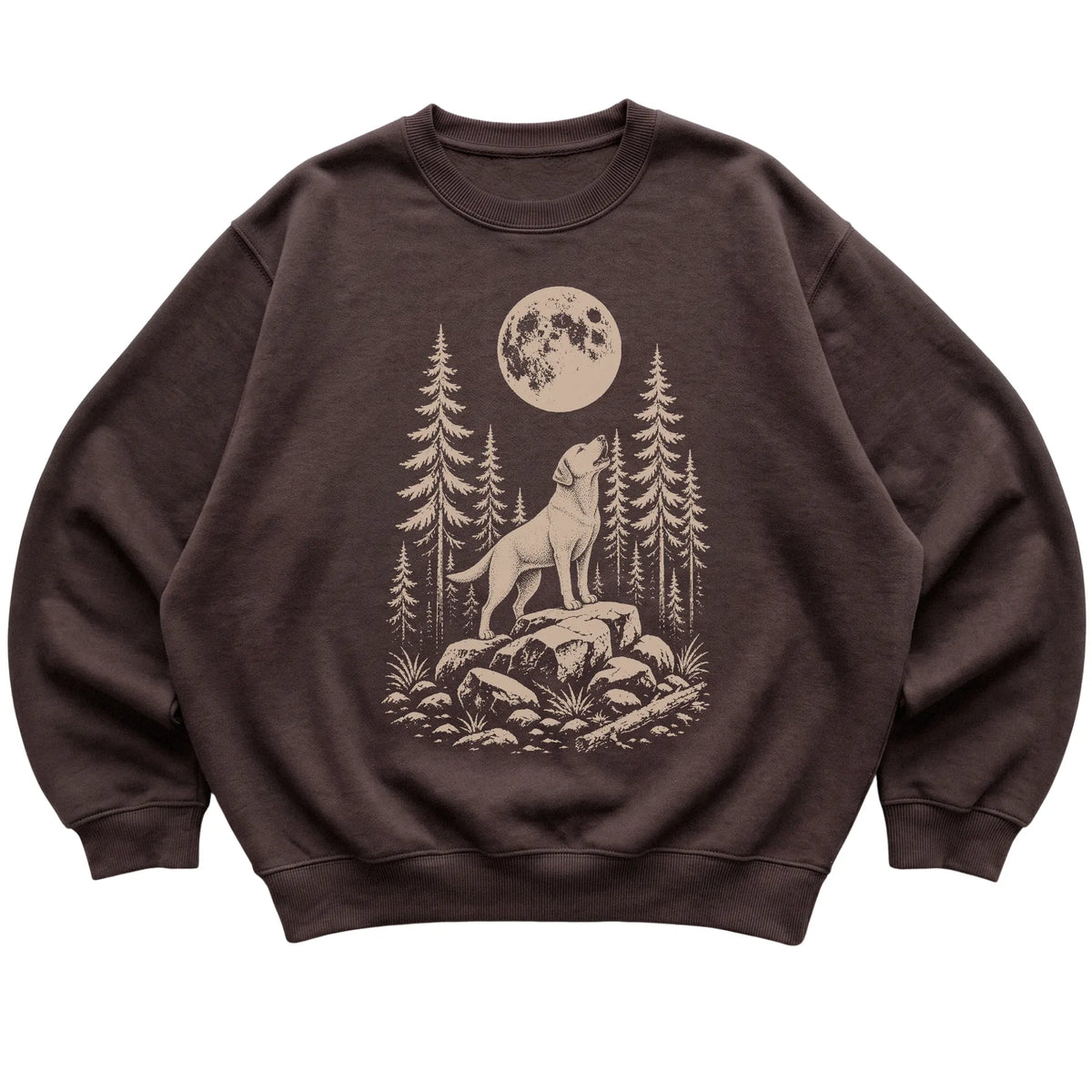 Close view of Labrador Retriever Howling at the Moon artwork on Dark Chocolate crewneck sweatshirt