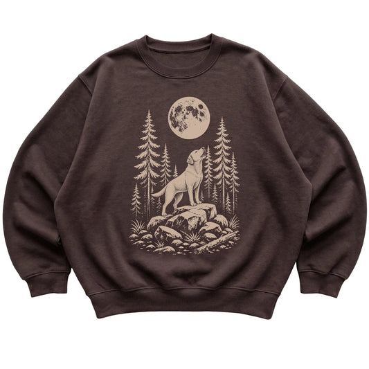 Close view of Labrador Retriever Howling at the Moon artwork on Dark Chocolate crewneck sweatshirt