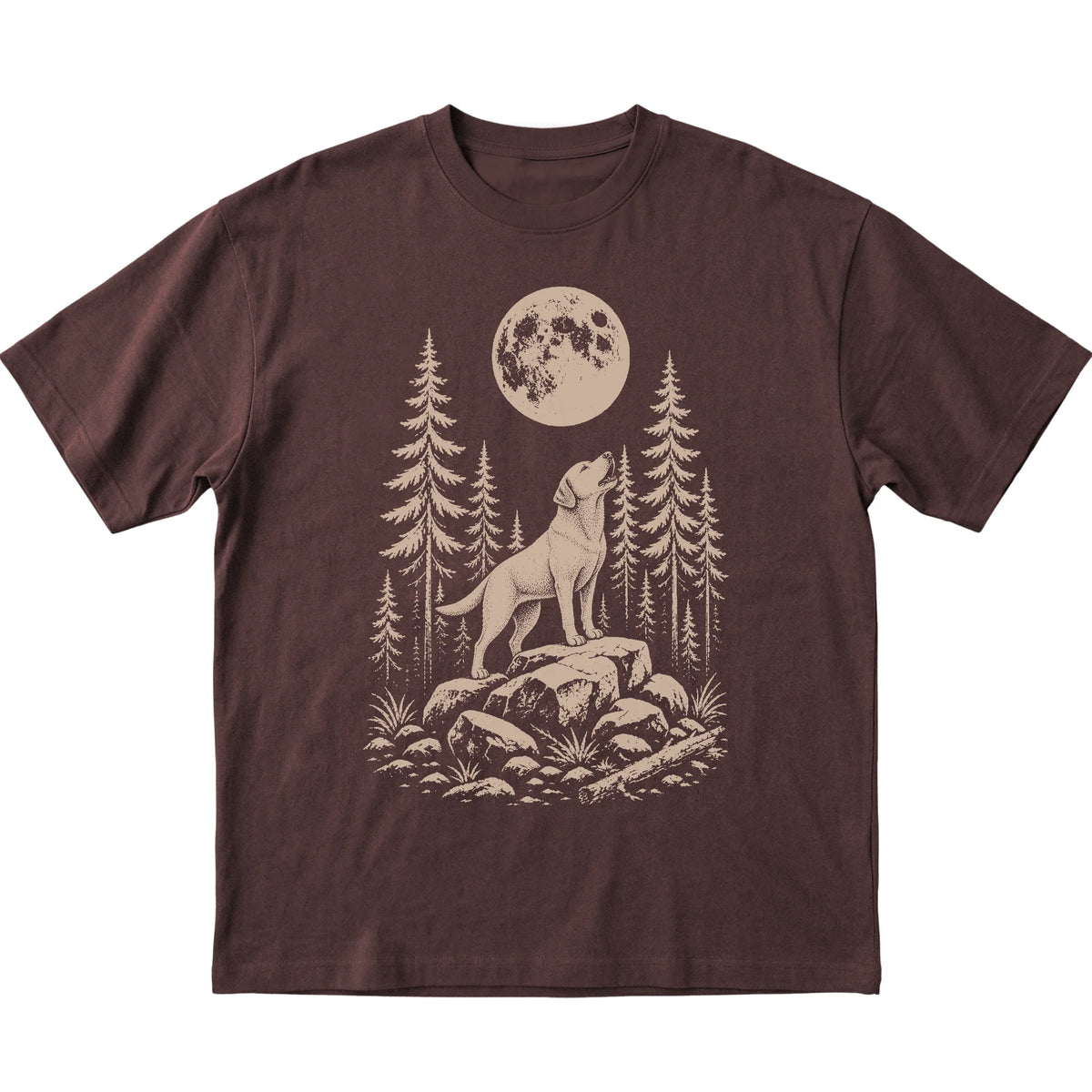 Close view of Labrador Retriever Howling at the Moon artwork on Dark Chocolate softstyle T-shirt