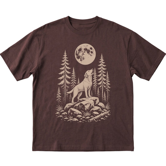 Close view of Labrador Retriever Howling at the Moon artwork on Dark Chocolate softstyle T-shirt