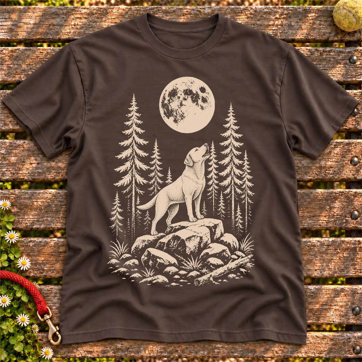 Labrador Retriever Howling at Moon design on a Dark Chocolate T-shirt shown flat