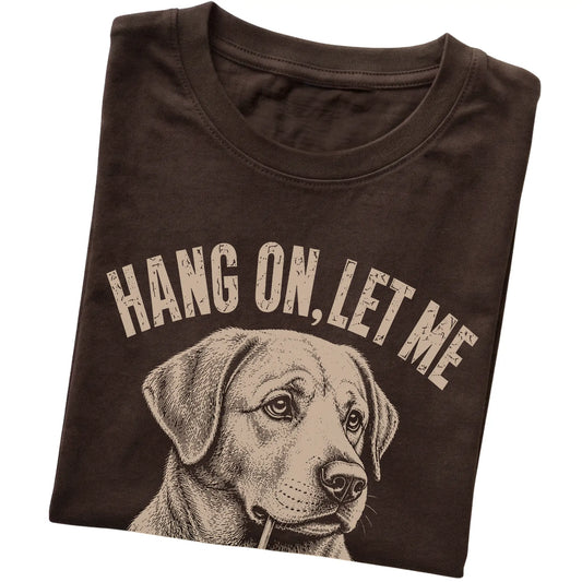 Dark Chocolate T-shirt featuring Overthinking Labrador Retriever, folded presentation