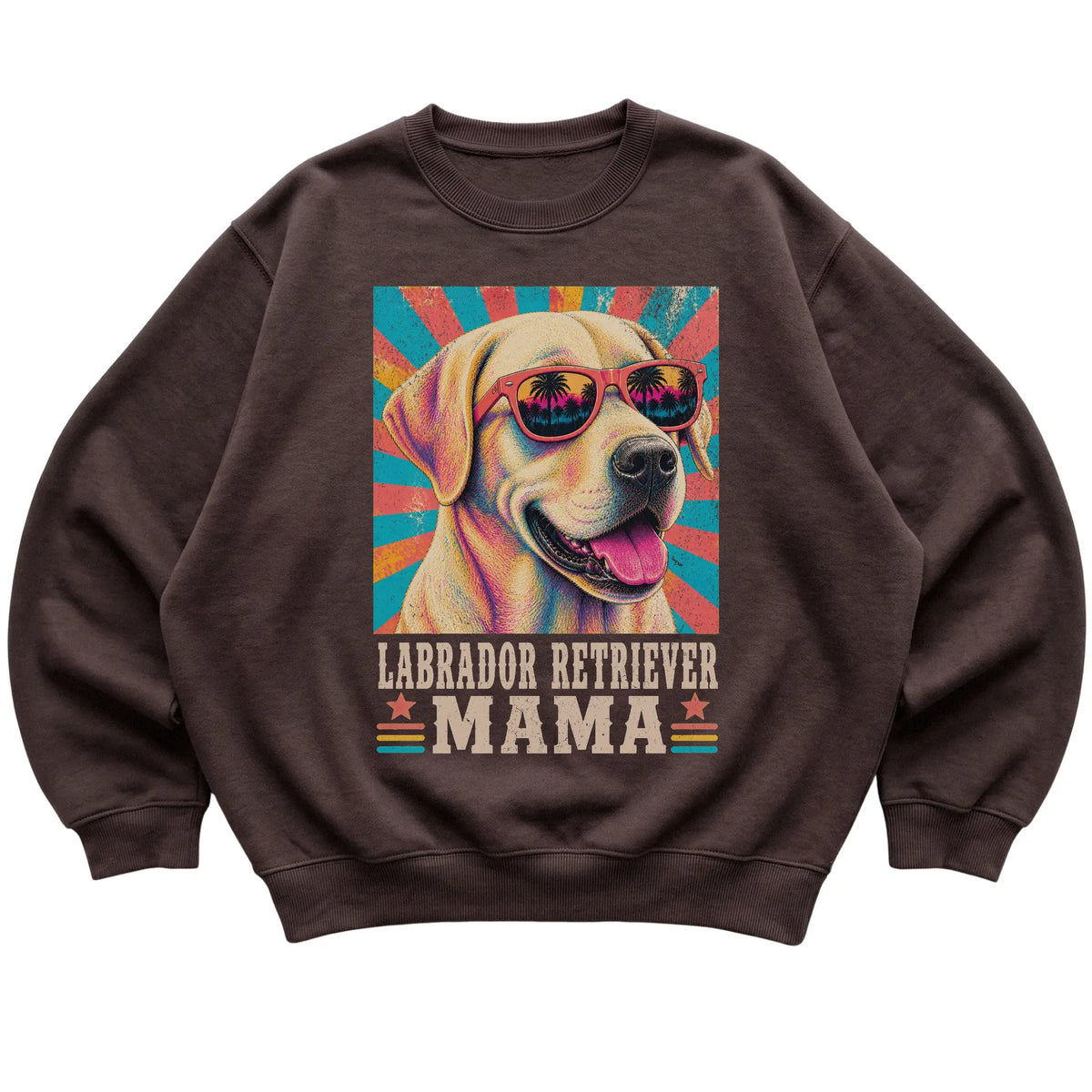 Retro Labrador Retriever Mama design on a Dark Chocolate crewneck sweatshirt