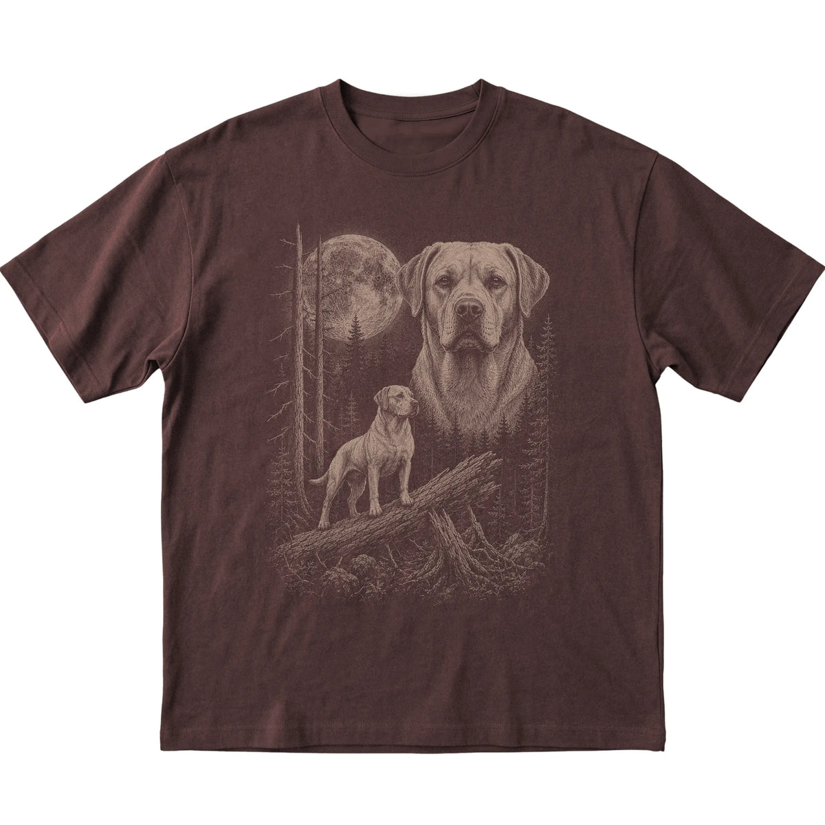Labrador Retriever Moonlit Forest graphic on a dark chocolate Softstyle T-shirt laid flat