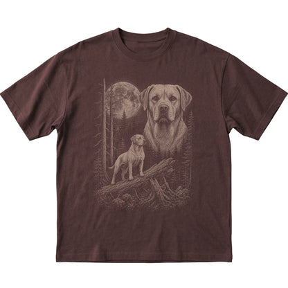 Labrador Retriever Moonlit Forest graphic on a dark chocolate Softstyle T-shirt laid flat