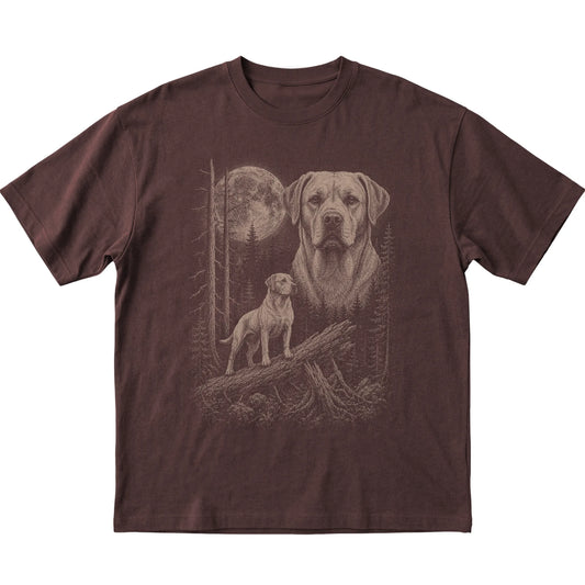 Labrador Retriever Moonlit Forest graphic on a dark chocolate Softstyle T-shirt laid flat