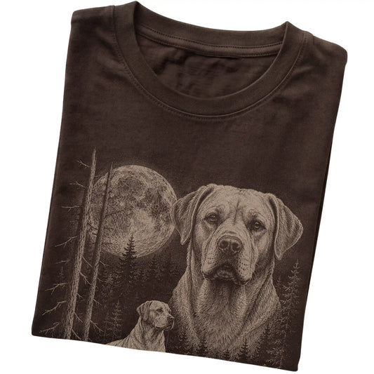 Folded dark chocolate Softstyle T-shirt showing the Labrador Retriever Moonlit Forest graphic