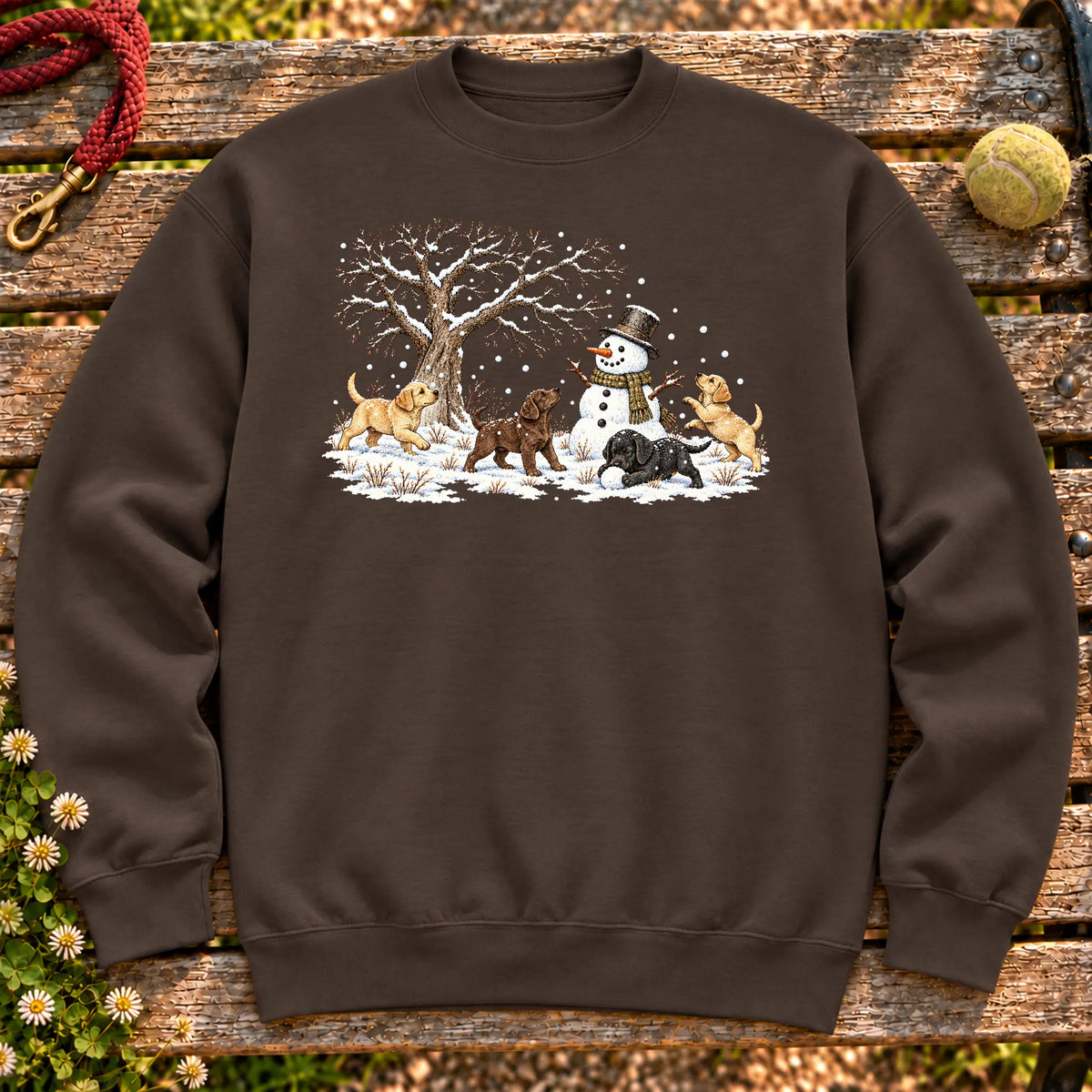 Labrador Retriever puppies playing in snow with a snowman on a Dark Chocolate sweatshirt