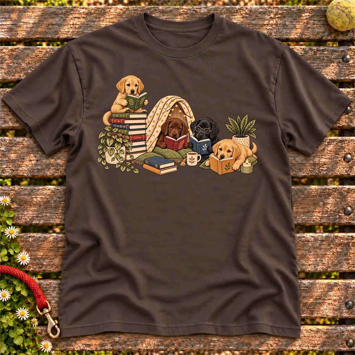 Labrador Retriever puppies reading books in a cozy blanket fort on a Dark Chocolate T-shirt