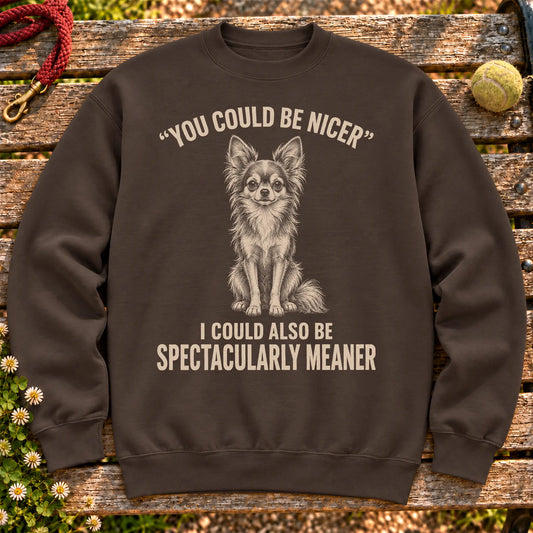 Chihuahua Long-Haired Guard Dog on a Dark Chocolate crewneck sweatshirt, shown flat