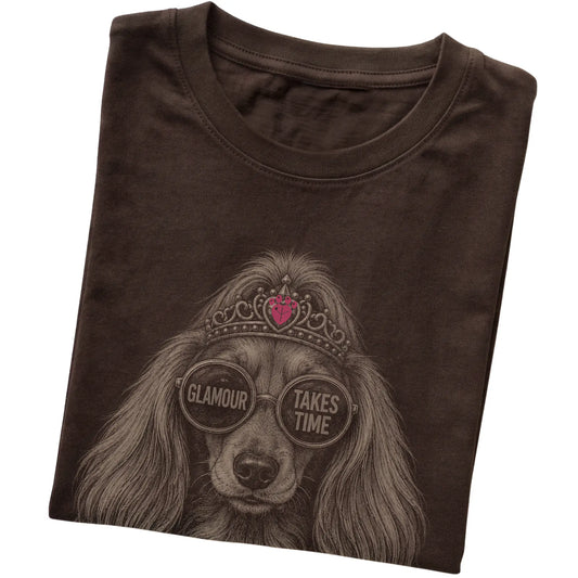 Dark Chocolate Long-Haired Dachshund Glamour Takes Time T-Shirt folded detail