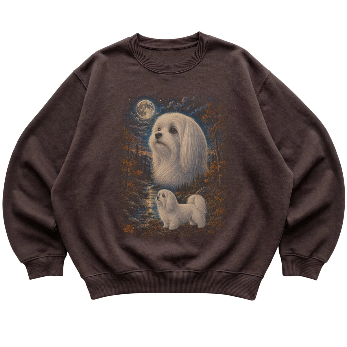 dark chocolate sweatshirt with Maltese Autumn Moon artwork.