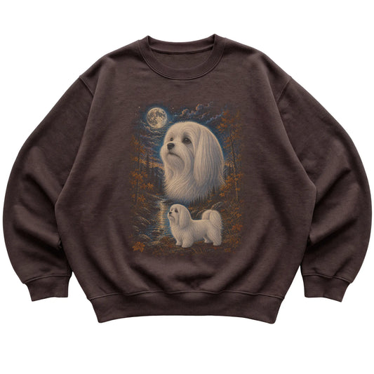 dark chocolate sweatshirt with Maltese Autumn Moon artwork.