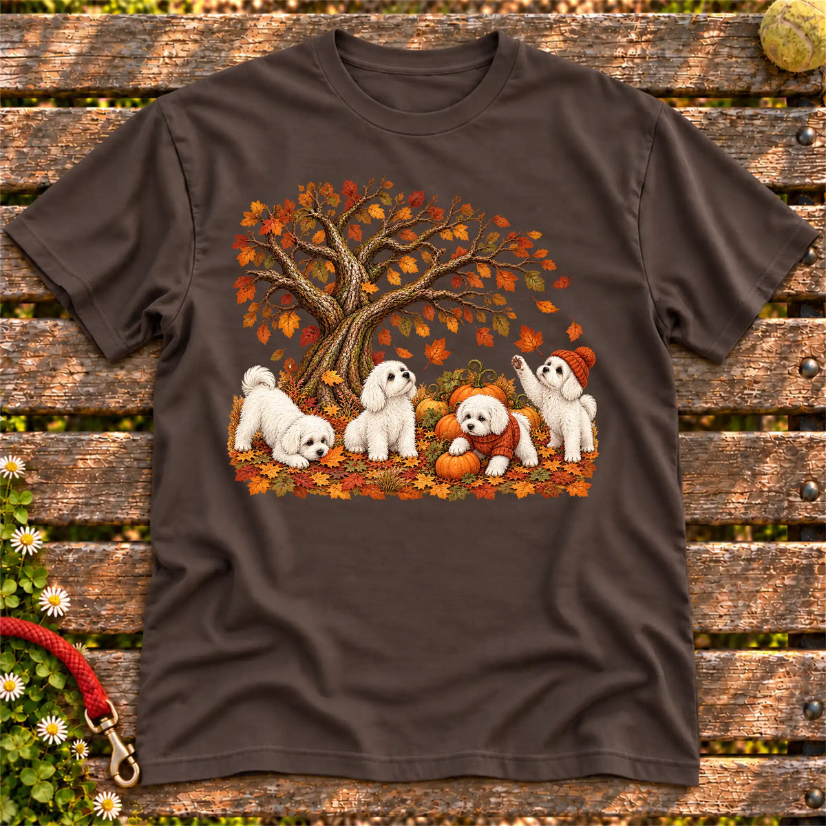 Four Maltese puppies with pumpkins beneath an autumn tree on a Dark Chocolate softstyle T-shirt