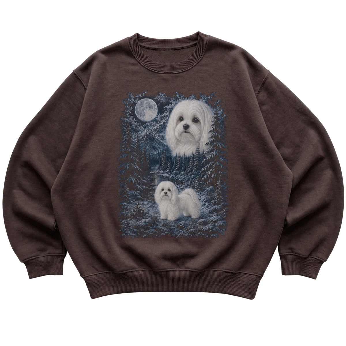 dark chocolate sweatshirt with Maltese Winter Moon artwork.