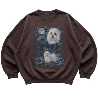 dark chocolate sweatshirt with Maltese Winter Moon artwork.