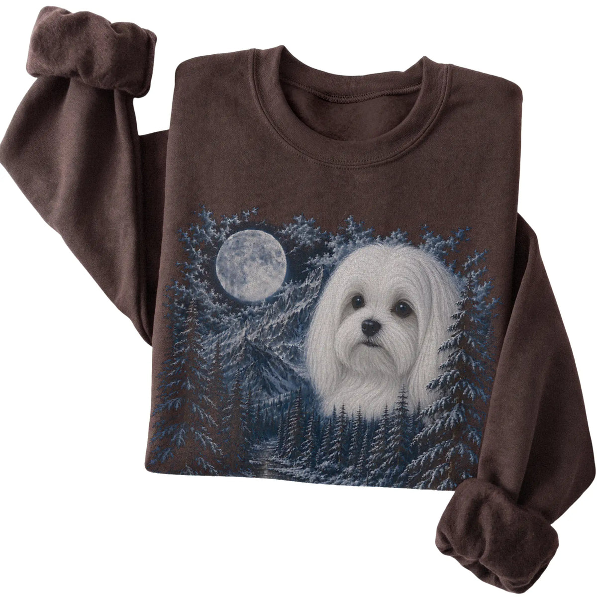 Folded dark chocolate sweatshirt with Maltese Winter Moon artwork.