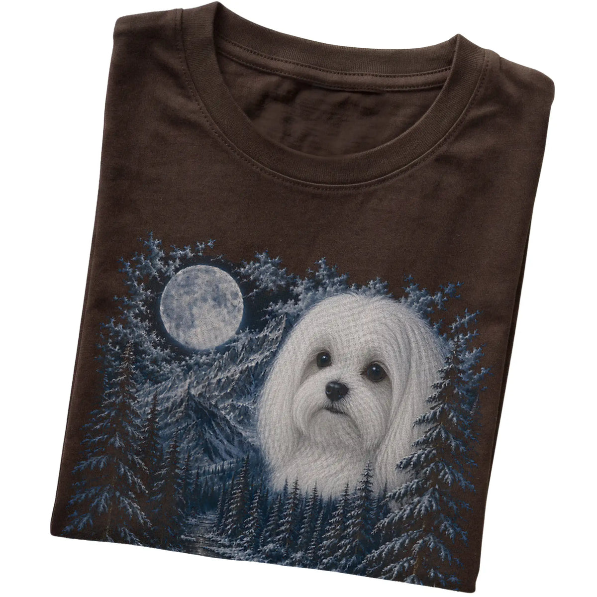 Folded dark chocolate T-shirt with Maltese Winter Moon artwork.