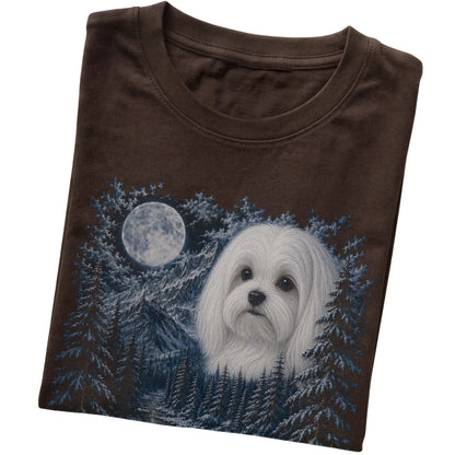 Folded dark chocolate T-shirt with Maltese Winter Moon artwork.