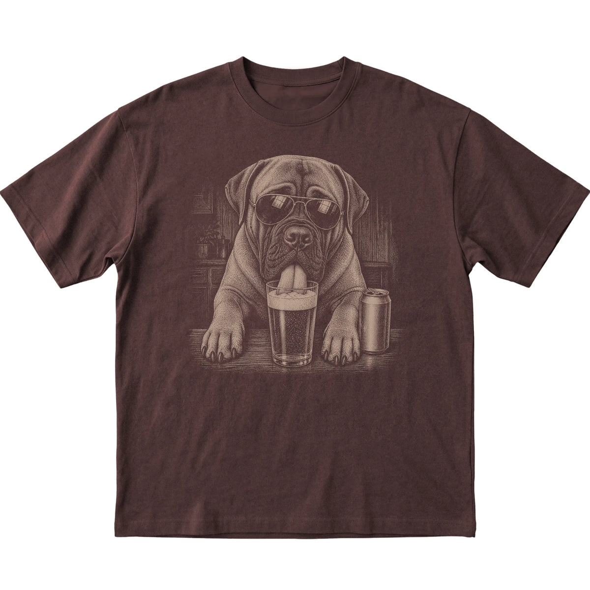 Dark Chocolate Mastiff drinking from a pint at a bar, laid flat