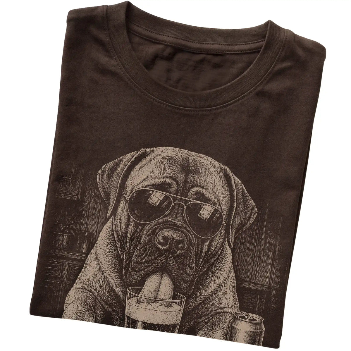 Dark Chocolate Mastiff drinking from a pint at a bar, folded detail view