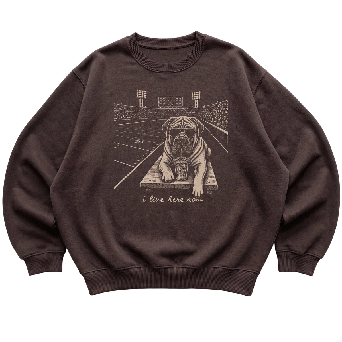 Dark Chocolate Mastiff Football Tailgate sweatshirt, laid flat