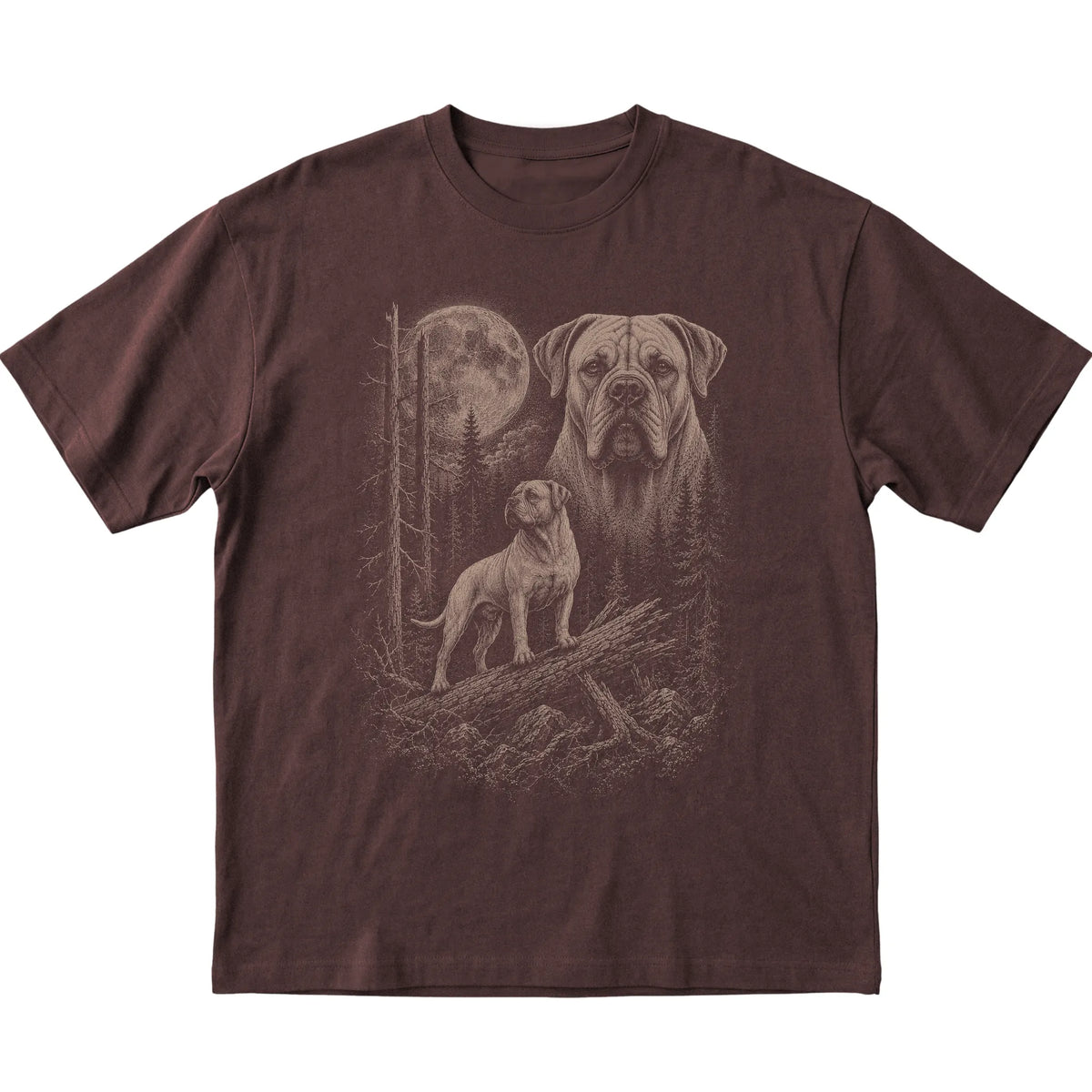 Mastiff Moonlit Forest graphic on a dark chocolate Softstyle T-shirt laid flat