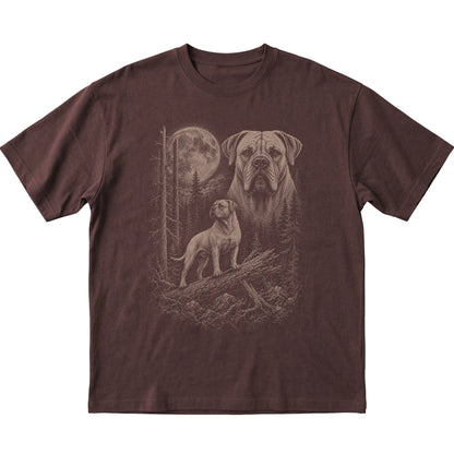 Mastiff Moonlit Forest graphic on a dark chocolate Softstyle T-shirt laid flat