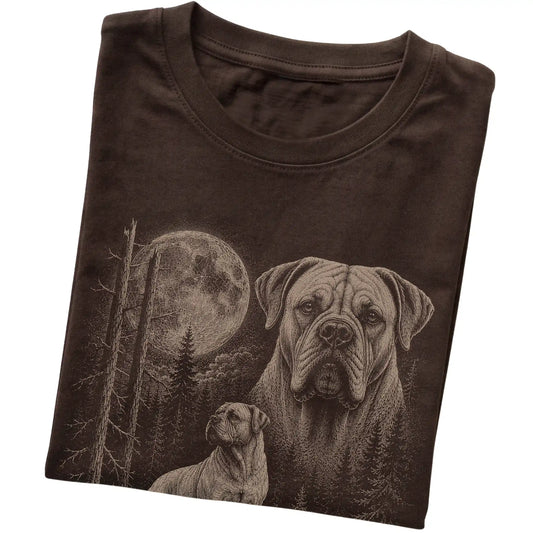 Folded dark chocolate Softstyle T-shirt showing the Mastiff Moonlit Forest graphic