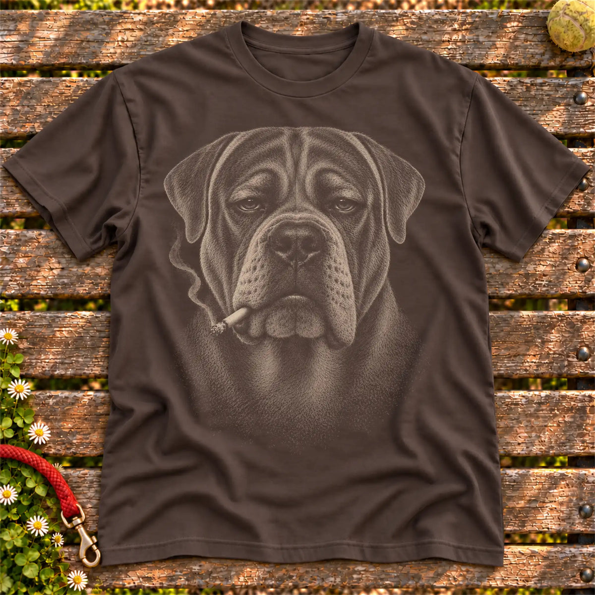 Mastiff smoking design on a Dark Chocolate t-shirt