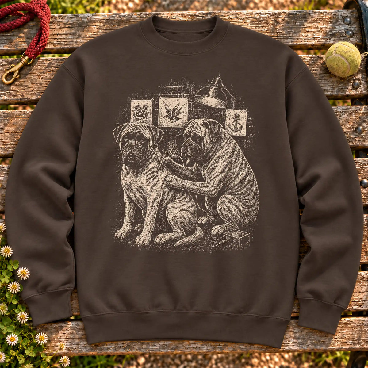 Mastiff Tattoo on a Dark Chocolate crewneck sweatshirt, shown flat