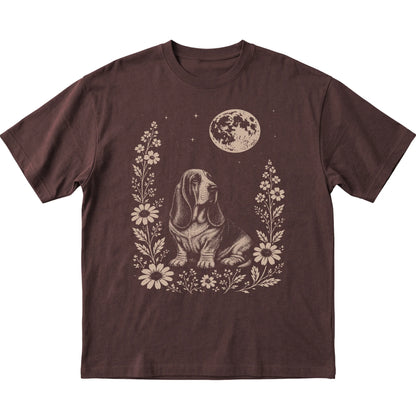 Dark Chocolate Moon Flowers Basset Hound T-shirt, flat view
