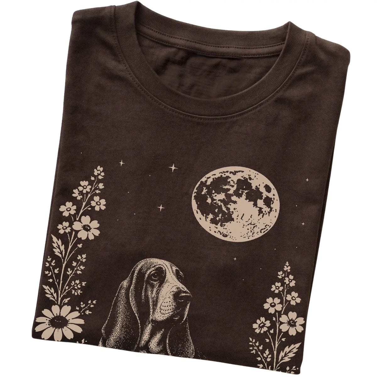 Dark Chocolate Moon Flowers Basset Hound T-shirt, folded view