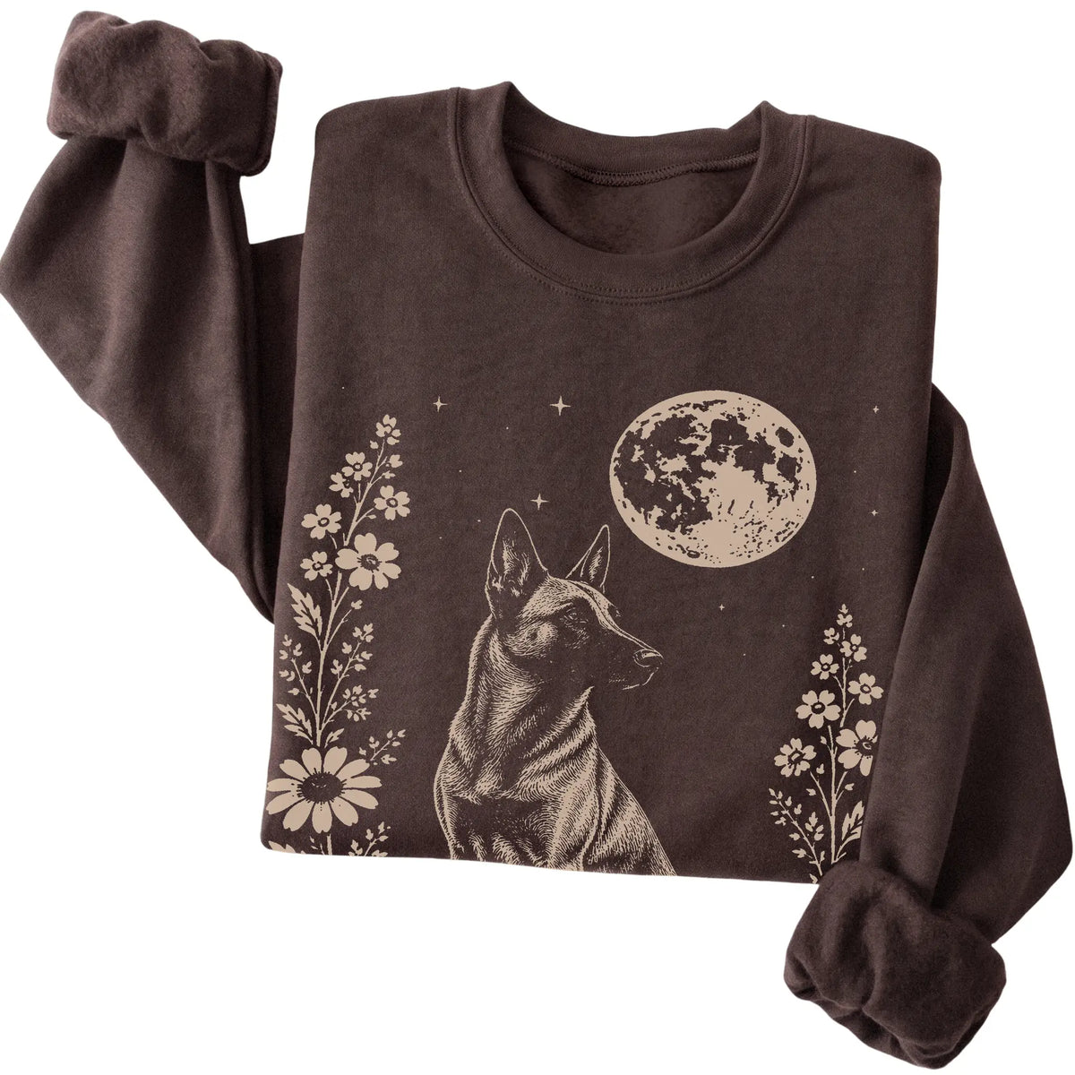 Dark Chocolate Moon Flowers Belgian Malinois sweatshirt, folded view