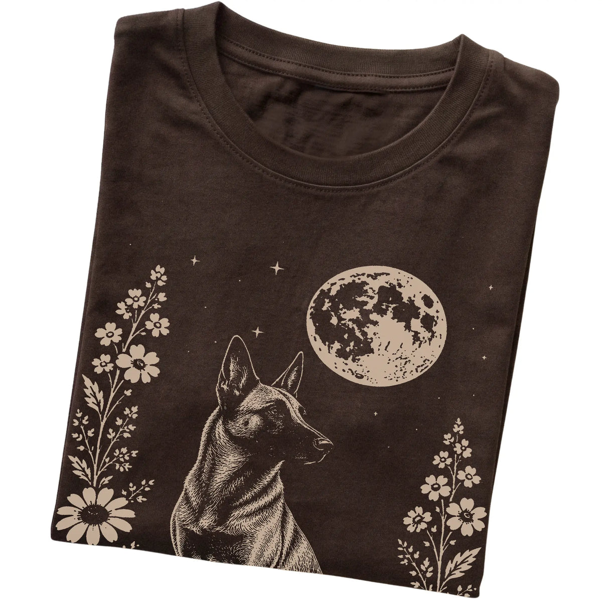 Dark Chocolate Moon Flowers Belgian Malinois T-shirt, folded view