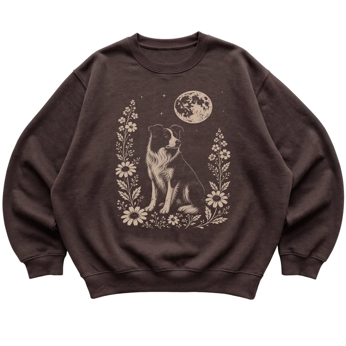Dark Chocolate Moon Flowers Border Collie sweatshirt, flat view