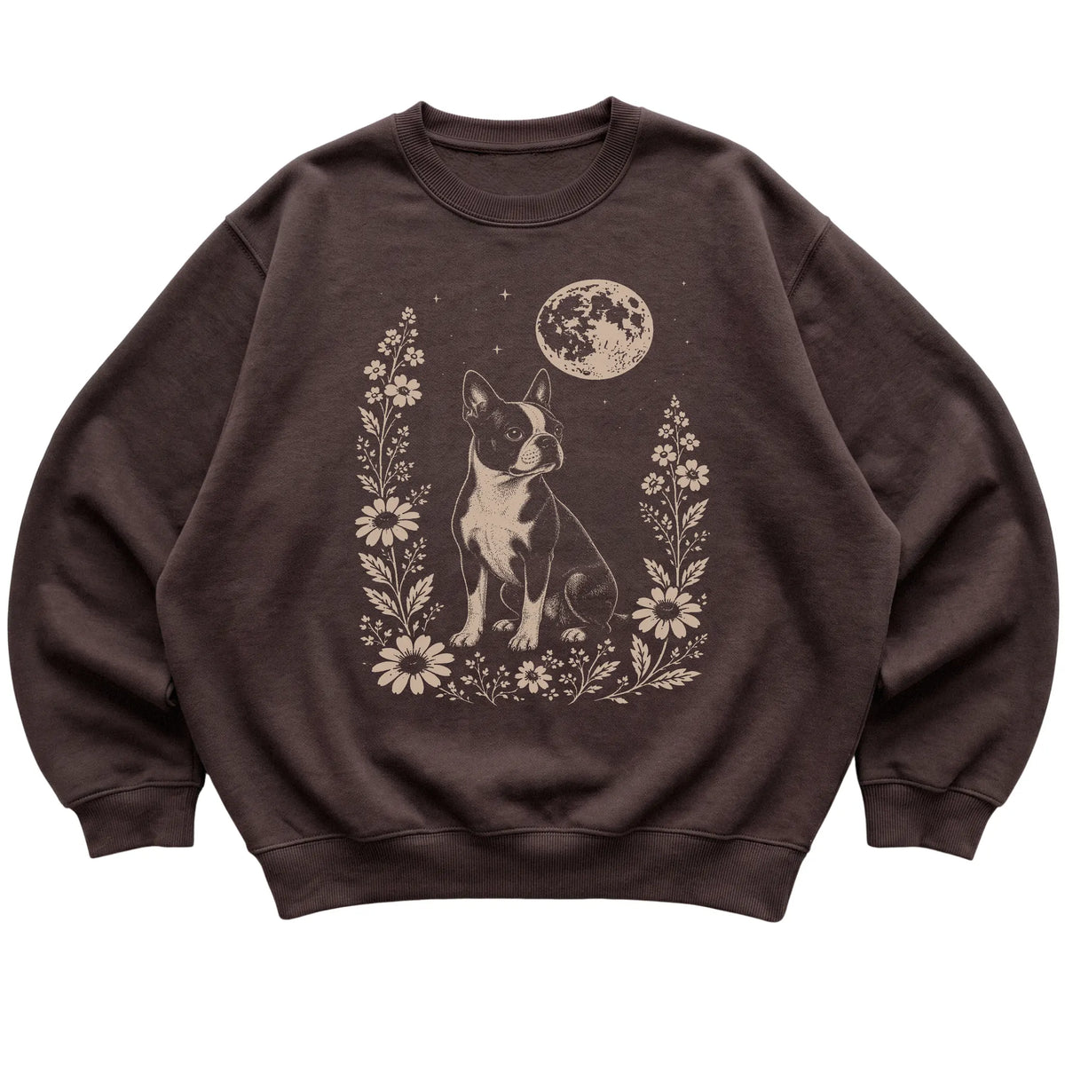 Dark Chocolate Moon Flowers Boston Terrier sweatshirt, flat view