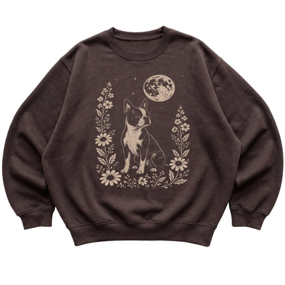 Dark Chocolate Moon Flowers Boston Terrier sweatshirt, flat view