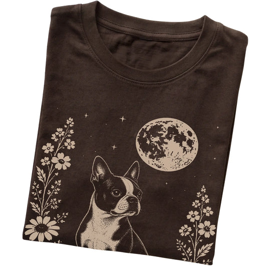 Dark Chocolate Moon Flowers Boston Terrier T-shirt, folded view