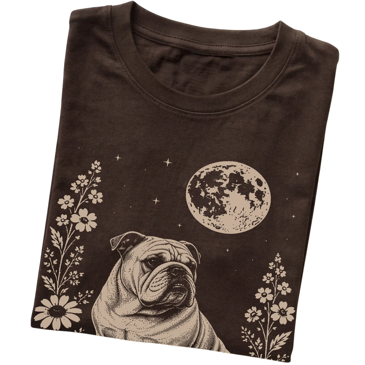 Dark Chocolate Moon Flowers Bulldog T-shirt, folded view