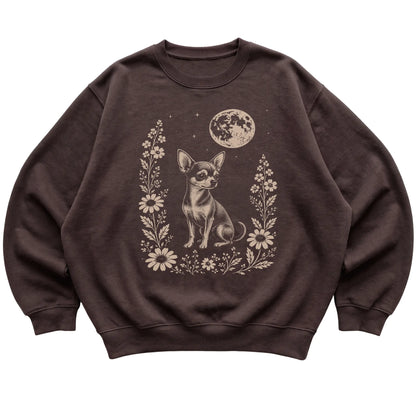 Dark Chocolate Moon Flowers Chihuahua sweatshirt, flat view