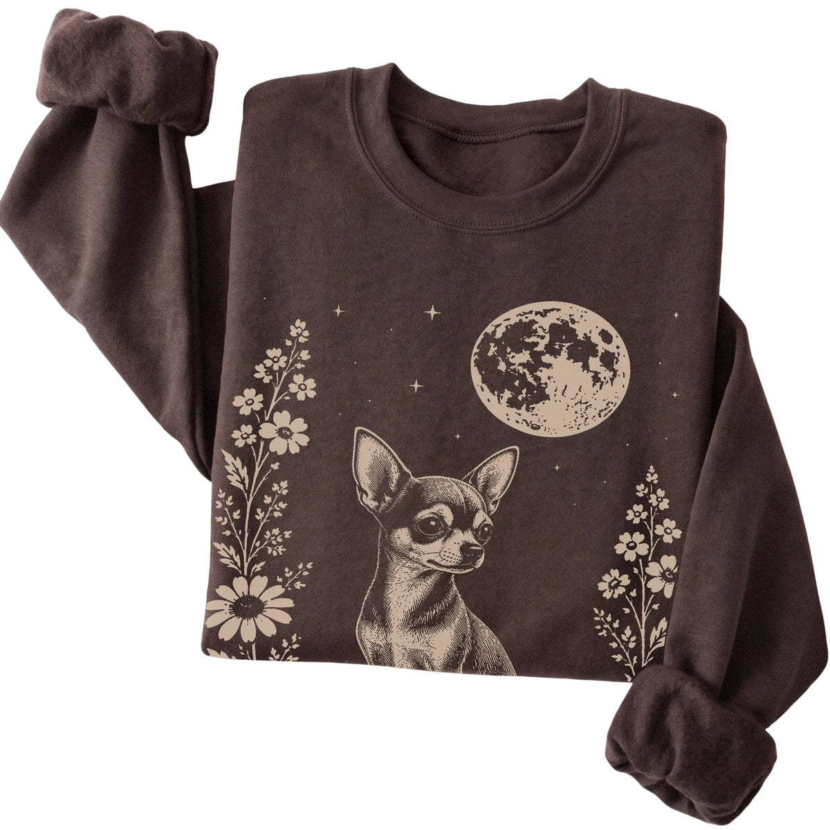 Dark Chocolate Moon Flowers Chihuahua sweatshirt, folded view
