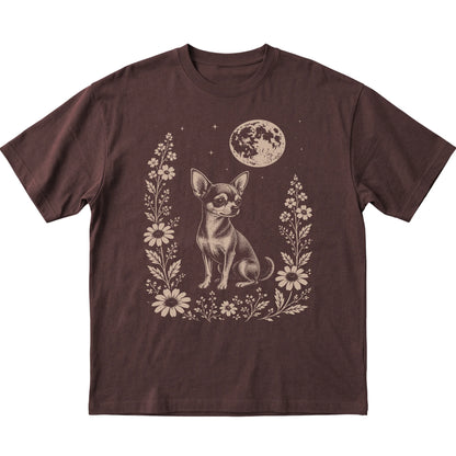 Dark Chocolate Moon Flowers Chihuahua T-shirt, flat view