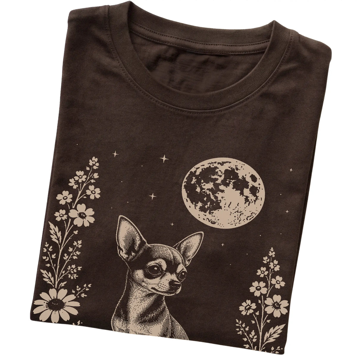 Dark Chocolate Moon Flowers Chihuahua T-shirt, folded view