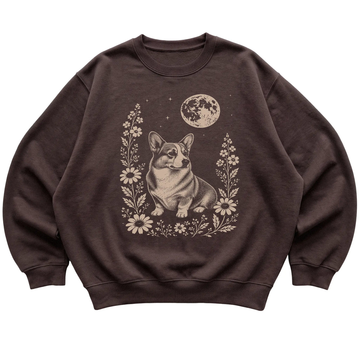 Dark Chocolate Moon Flowers Corgi sweatshirt, flat view