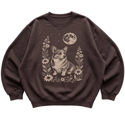 Dark Chocolate Moon Flowers Corgi sweatshirt, flat view